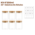 Kit com 6 Potes Herméticos de Vidro 200ml – Tampa de Bambu Natural Redonda